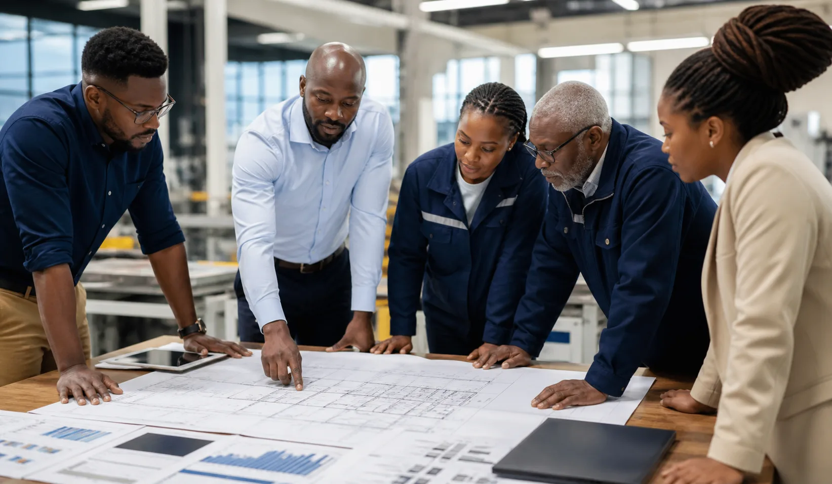 Manufacturing professionals reviewing an operational plan together