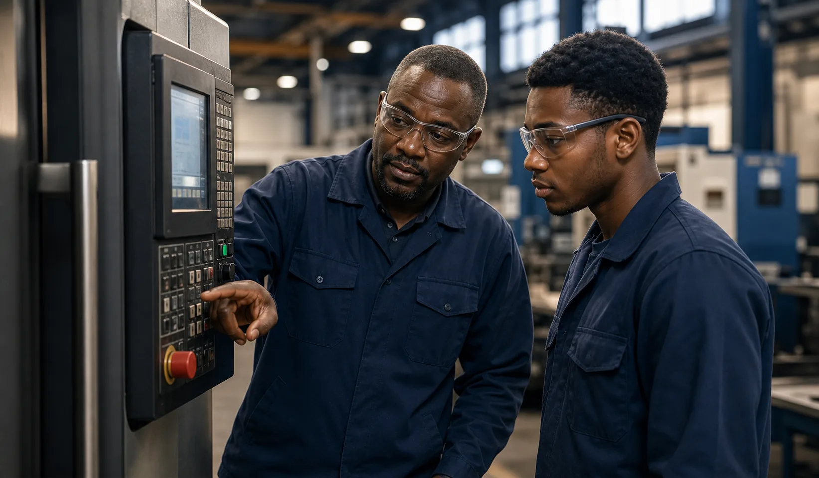 Supervisor mentoring a younger worker on a manufacturing floor
