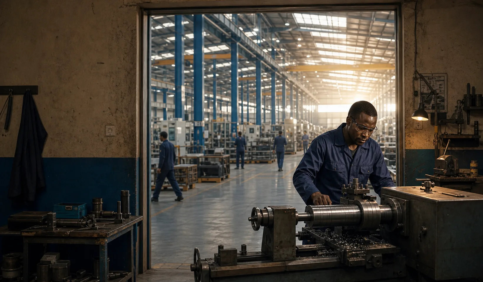 Small workshop connected to a larger modern factory